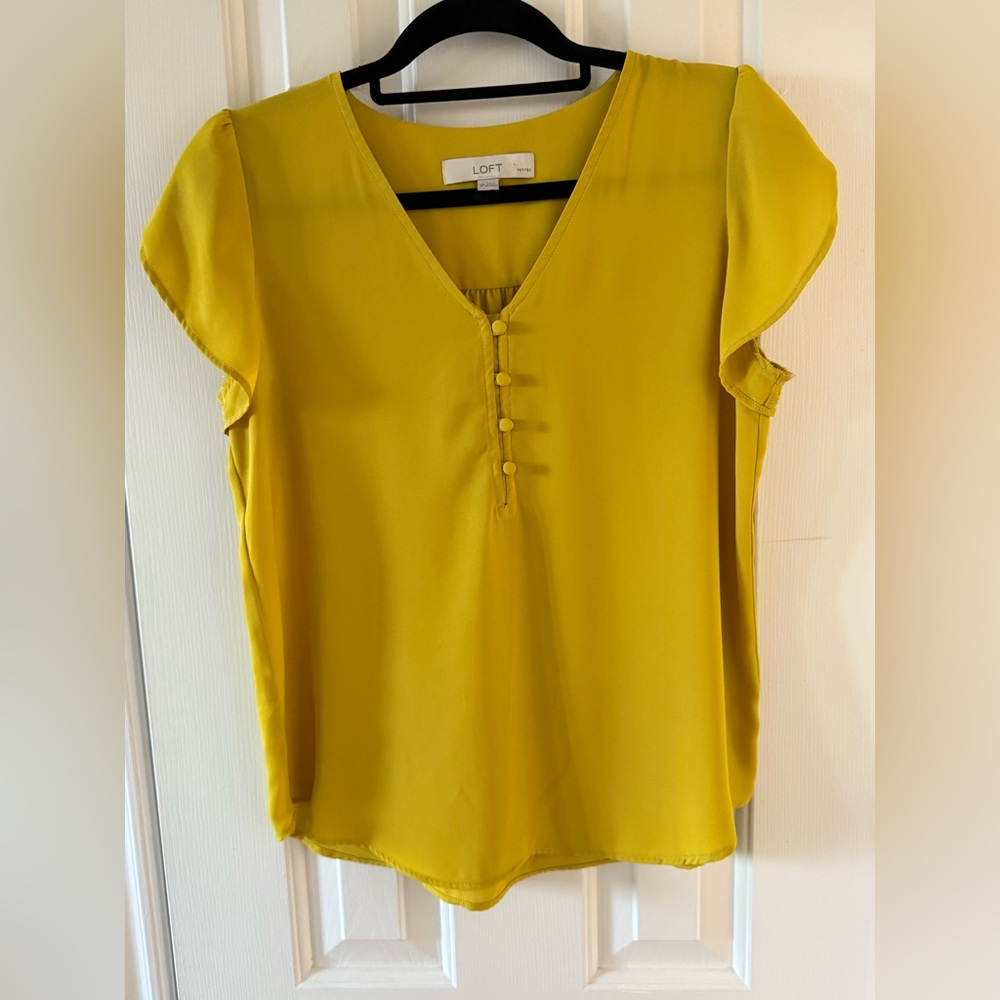 LOFT Yellow Blouse with V-Neckline and Cap Sleeves
